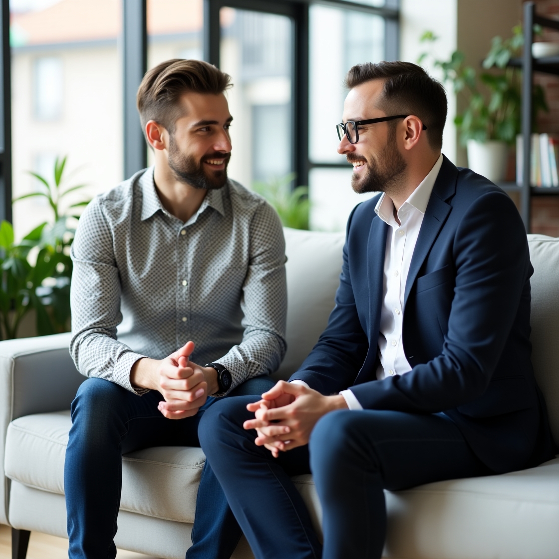 Flux_Dev_Two_professional_men_talking_on_a_modern_couch_in_a_b_1